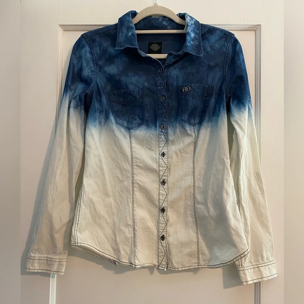 Harley Davidson Women's Indigo White Dip-Dye Button Up Shirt
